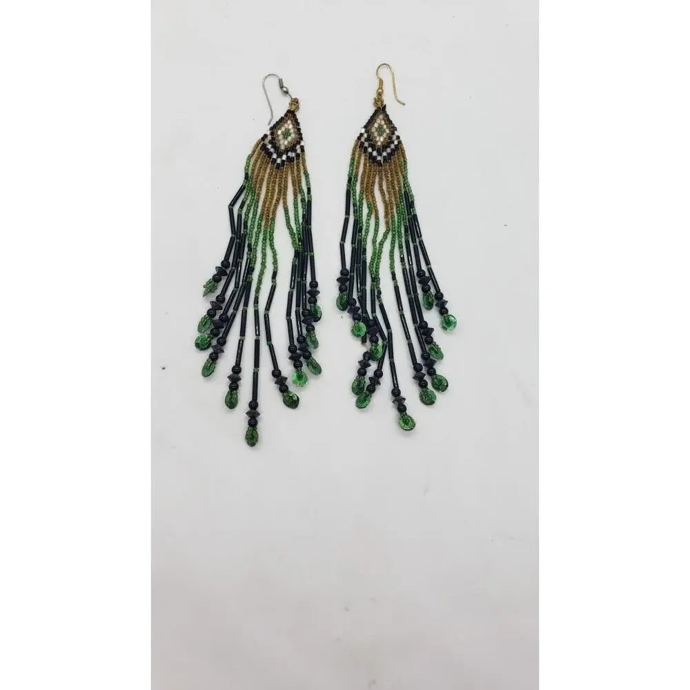 Vintage Earrings Super Long Hand Beaded Fringe Boho Ethnic